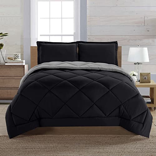 Elegant Comfort Reversible 3-Piece Comforter Set All Season, Ultra Soft, Down Alternative Comforter, Twin, Black/Gray - color: Black/Gray, size: Twin/Twin XL