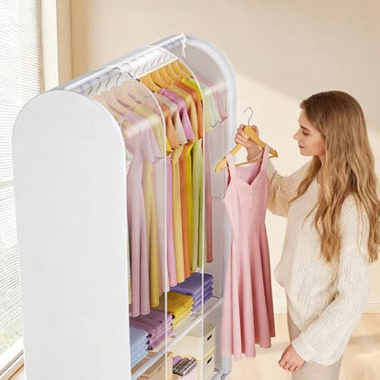 Univivi Heavy Duty Clothing Rack with Dust Cover and Bottom Storage Shelf | 360° Rotation Wheels, Tool-Free Quick Assembly, 2 Durable Zippers, Portable Closet Rack with Cover for Hanging Clothes - color: White Rack with White Cover