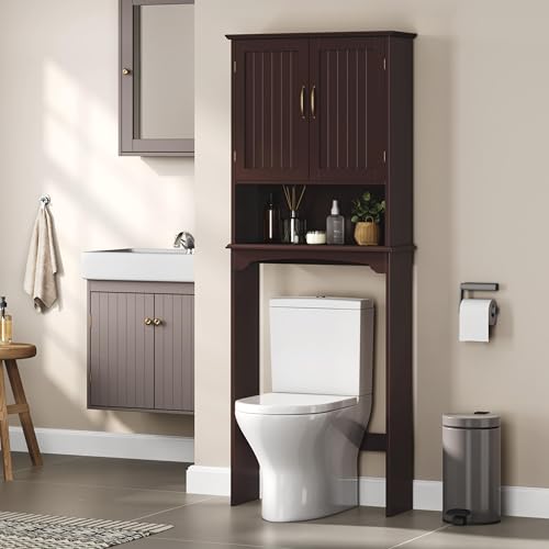 Yaheetech Over The Toilet Storage with 2 Doors & Adjustable Shelf, Free Standing Toilet Rack Wooden Space-saving Collect Cabinet, Bathroom Furniture, 9Dx24.5Wx66H Inches, Espresso | Doors Hide Clutter, Open Cubby Keeps Essentials Handy, Slim 9-Inch Depth