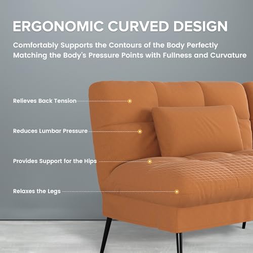 COMHOMA 72″ Convertible Futon Sofa Bed, Adjustable Backrest, Orange | Breathable Fabric Futon Couch with Pillows,Multi-angle Ergonomic Reclining,Space-saving Sleeper Sofa for Living Room - color: Orange