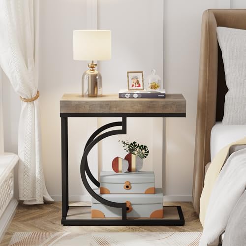 Tribesigns Narrow Side Table C Shaped End Table Modern Bedside Tables for Couch, Small Sofa Chairside Tables with Metal Frame for Living Room (2, Gray+Black) - color: Gray+black
