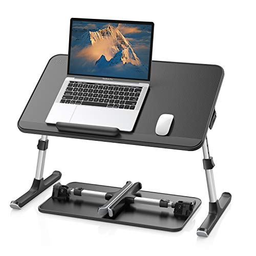 SAIJI Non-Slip Leather Laptop Bed Tray Table,Lap Desk with Laptop Stopper | Portable Height & Angle Adjustable Laptop Stand with Foldable Legs, Notebook Stand Reading Desk for Sofa Couch - color: Black, size: Medium