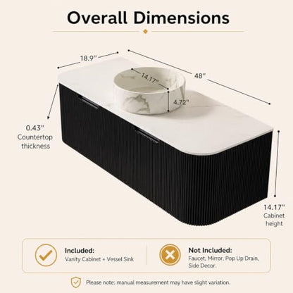 48" Floating Bathroom Vanity with Sink, Wall Mounted Plywood Cabinet, Black Fluted Front, Sintered Stone Countertop, White Marble-Look Ceramic Vessel Sink, Soft-Close Drawer, Pre-Assembled - color: Black Cabinet / White Marble Sink, size: 48 Inch