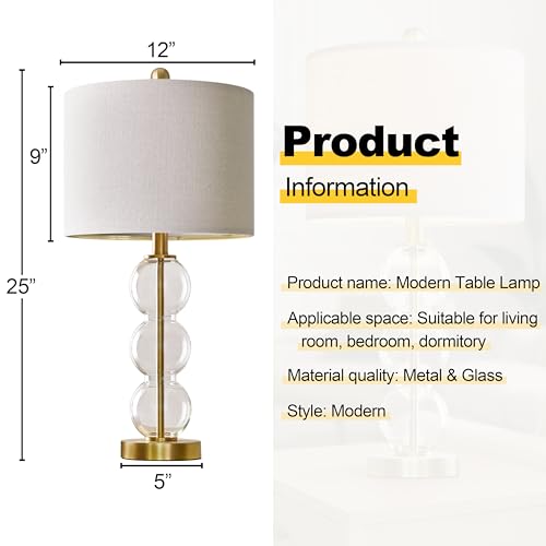 25" Glass Table Lamps Set of 2, Gold Modern Table Lamps with USB Ports for Living Room, Linen Shade Bedside Lamps for Bedroom, Nightstand, Side Table (Bulbs not Included) - color: Gold
