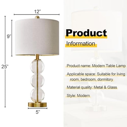 25" Glass Table Lamps Set of 2, Gold Modern Table Lamps with USB Ports for Living Room, Linen Shade Bedside Lamps for Bedroom, Nightstand, Side Table (Bulbs not Included) - color: Gold