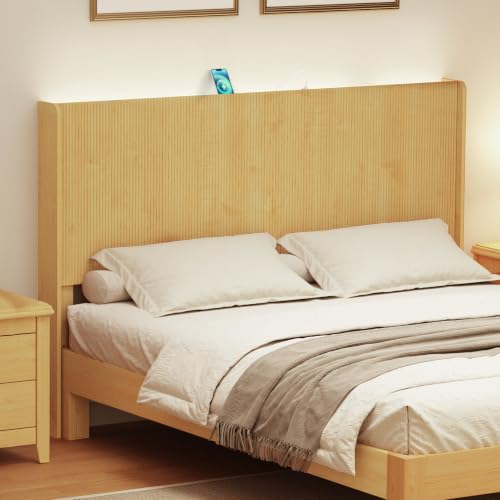 King Size Headboard Only with Outlets, 79.92" W Fluted Headboard, Mid Century Modern Boho Head Board with Storage&LED Lights, Natural - color: Natural, size: King