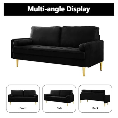 65" Love Seat Sofa, Velvet Small Sofa Small Couch for Bedroom Living Room, Bedroom, Loveseat with 2 Pillows, Gold Legs, Modern Tufted Seat Upholstered Seating for Office, Apartment (Black) - color: Black