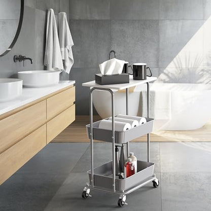 Simple Houseware 2-Tier Rolling Utility Cart Wood Top/Lockable Wheel, White | Metal Storage Organizer Trolley for Kitchen, Bathroom, Office, Craft Room - color: White