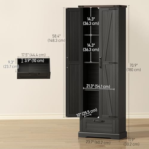 HOMCOM 71" Tall Kitchen Pantry Storage Cabinet Barn Doors Drawer Black | Farmhouse, Adjustable Shelves, Freestanding Food Pantry Cabinet, for Kitchen, Dining Room - color: Black