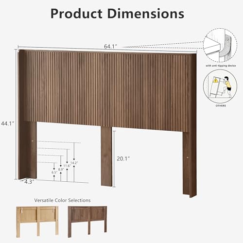 64.1" Queen Size Wood Headboard, Fluted Panel Headboard, Walnut | Mid Century Modern Head Board, Wall Mounted Headboards, Wingback Retro Style Head Board for Adjustable Bed, Easy to Assembly - color: Walnut, size: Queen