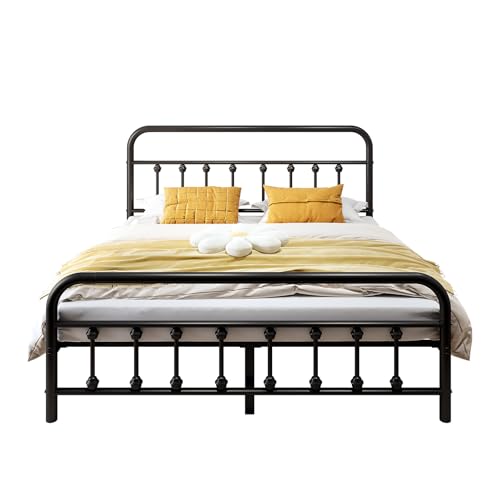 Vengarus King Metal Bed Frame with Victorian Headboard & Footboard, Black | 14" King Metal Platform Frame, Heavy Duty Steel Slat Support, Noise Free, No Box Spring Needed, Easy Disassembly & Transport - size: King Size