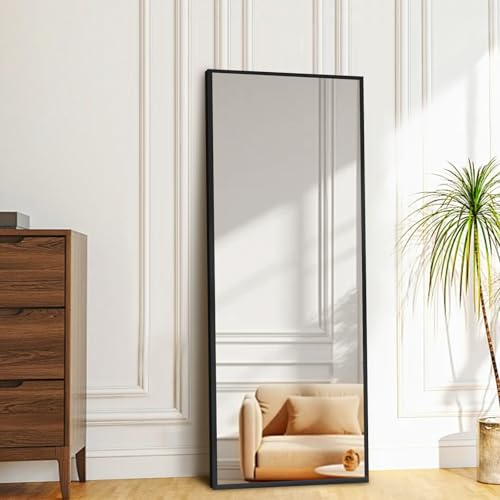 Full Length Floor Mirror 57"x17", Floor Standing with Aluminum Frame, Freestanding/Leaning/Wall Mount, Shatter-Resistant Glass for Bedroom, Living Room, Black | Aluminum Alloy Frame, Freestanding, Leaning, Wall Mount, Shatter-Resistant Glass, No Assembly