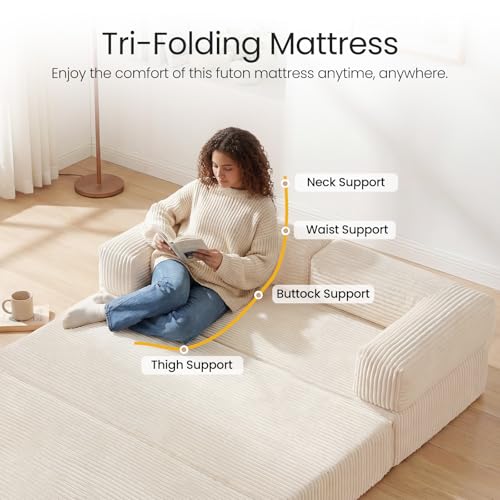 Erament Futon Sofa Bed Queen, Convertible Tri Folding Mattress Foldable with Removable Armrests & Washable Cover, 5-Inch Floor Mattress with High-Density Foam, Small Pull Out Couch Bed, Beige - color: Beige, size: Queen
