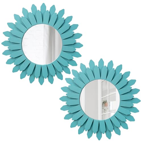 Beach Wall Decor Mirror 2 Pack 12 inch Wood Coastal Wall Decor Sunburst Boho Home Decor Room Decor for Bedroom Living Room Entryway Cyan - color: Cyan, size: 12 inch (2 pack)