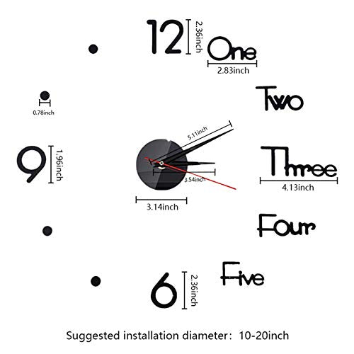 10-20 Inch DIY Wall Clock 3D Frameless Silent Non Ticking, Black Round Battery Operated Modern Wall Clocks for Living Room Bedroom Office Home and Kitchen - size: Small (10-20 Inch)