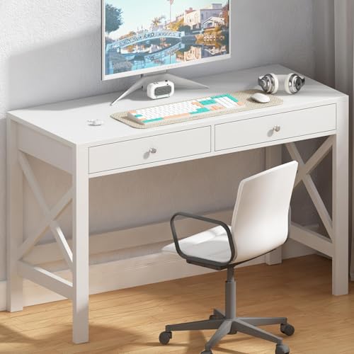 ChooChoo 40 Inches Farmhouse Computer Desk with 2 Drawers | Wooden Writing Desk, Study Desk for Home Office, Makeup Vanity, White - color: White, size: 40inch without Power Outlet