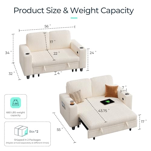 LINSY HOME Loveseat Sofa with Pull Out Couch Chaise: 2-in-1 Convertible 2 Seater Sofa with USB Charging & Cup Holders, Comfy Plush Corduroy Love Seat for Small Spaces Living Room Apartment, Beige