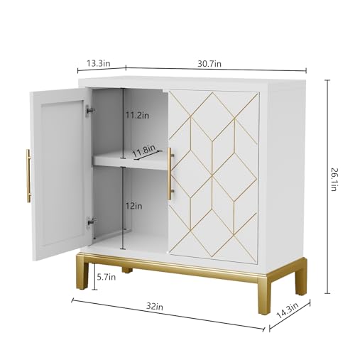 HLR Accent Cabinet with Gold Trim,Storage Cabinet with 2 Doors,Modern Wooden Sideboard for Living Room, Kitchen, Office and Hallway,White - color: White, size: 1piece