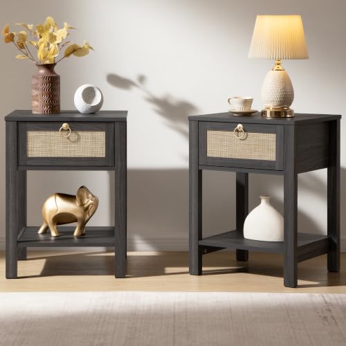 SICOTAS Rattan Nightstand Set of 2 with Storage Shelf, Boho Bedside Tables | Night Stand Set of 2 with Rattan Drawer, Boho End Tables with Storage for Bedroom, Guest Room, Apartment, and Small Spaces - color: Obsidian