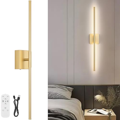 Battery Operated Wall Sconce, 3000K-6000K Dimmable Gold Wall Lights with Remote Control, Timable LED Wireless Wall Sconces, 350° Ratate for Bathroom, Living Room, Hallway 29.1 Inch 1 Pack - color: Gold, size: 29.1in(1 Pack)
