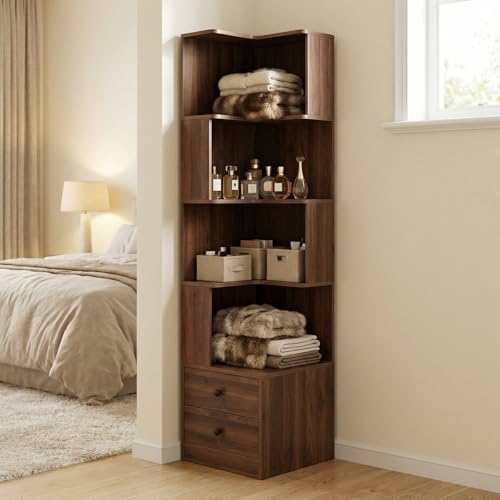4 Tier Corner Bookshelf with Drawers, L Shaped Freestanding Corner Bookcase with LED Lights and Baffle, Space Saving Display Shelf for Living Room, Bedroom, Home Office, Kitchen(Walnut) - style: Walnut-with drawers