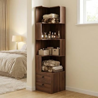 4 Tier Corner Bookshelf with Drawers, L Shaped Freestanding Corner Bookcase with LED Lights and Baffle, Space Saving Display Shelf for Living Room, Bedroom, Home Office, Kitchen(Walnut) - style: Walnut-with drawers