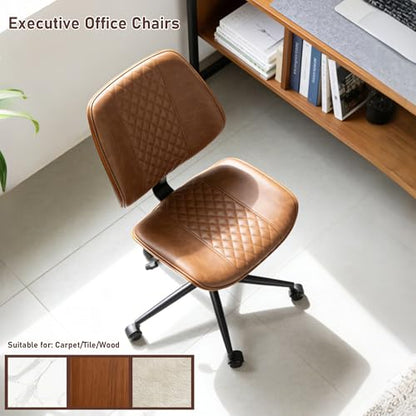 Modern Walnut Home Office Chair, Executive Desk Chair No Arms Brown | with Wheels, Adjustable Height, Comfy PU, Deeper Cushion, Mid Back, 360 Swivel Computer Chair - color: Brown