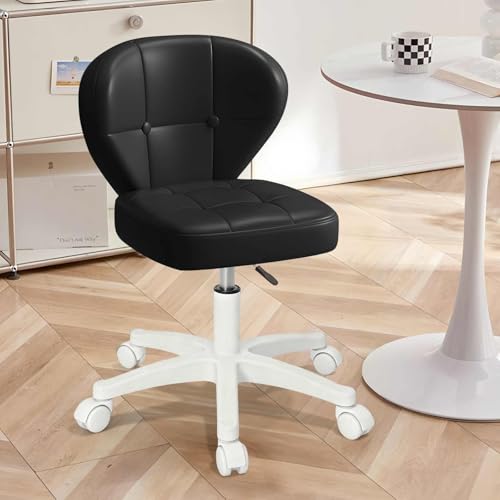 Small Office Chair with Lumbar Support, PU Leather Armless Swivel Desk Chair Adjustable Height, Compact Rolling Chair for Home Office, Bedroom, Study (Black) - color: Black, size: Set of 1