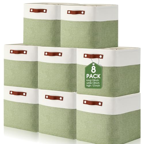 Uiifan 8 Pack 12 x 12 x 12 Inch Large Storage Baskets Collapsible Fabric Storage Cubes Bins with Handles for Shelves Closets Nursery Home Clothes Toys Organizers, Green - color: Green, size: 12 x 12 x 12 Inch