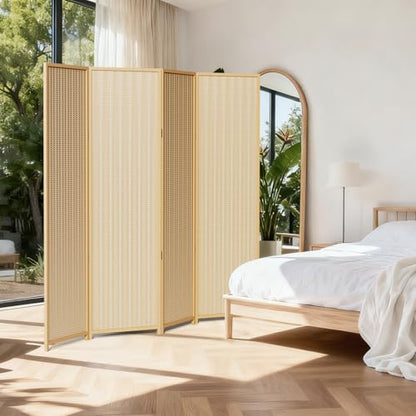 4 Panel Bamboo Room Divider, Folding Privacy Screen, Natural | Pine wood frame, dual-action stainless steel hinges, 5.6FT tall, extends to 63 inches wide, no assembly - color: Natural, size: 4 Panel