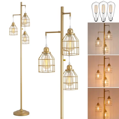9MMML Golden Dimmable Floor Lamp,Industrial Gold Farmhouse Tall Standing Lamp for Living Room, Bedroom Office,3 Teardrop Cage Lampshade,3 LED Bulbs Inculded, 68'' Tall - color: Gold B