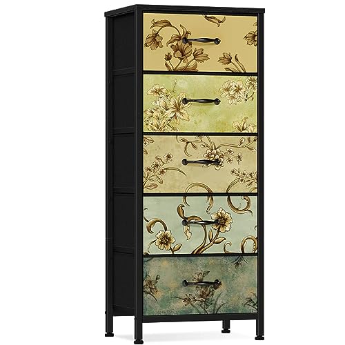 5 Drawer Dresser for Bedroom, Vintage Tall Skinny Storage Dressers | Fabric Dresser with 5 drawers, Vertical Narrow Storage Tower, Small Chest of Drawers, Floral Retro Dresser for Dorm, Wood Top - size: 11.8"D x 15.8"W x 38.8"H (5 Drawers)
