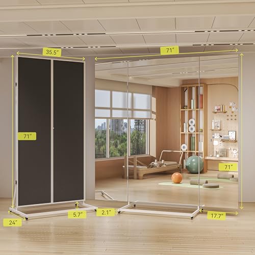 Hasipu 71"×71" Large Tri-Fold Full Length Mirror on Wheels | Tempered glass & metal frame, 4 lockable casters, detachable stand, ideal for gym, dance studio, fitness room & home. - size: 70"L x 70"W
