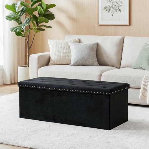 43 Inches Velvet Storage Ottoman Bench, Folding Upholstered Ottoman with Storage for Bedroom Living Room, 140L Capacity - color: Black