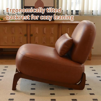 KEIKI Accent Chair with Solid Wood Legs, Faux Leather Single Seat Sofa for Living Room or Bedroom, Comfy Armless Reading Chaise Lounge, Brown - color: Brown