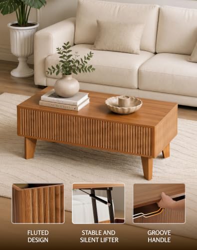 Rectangular Lift Top Coffee Table with Storage, 41.5" Mid Century Modern Living Room Center Table, Wood Fluted Coffee Table for Home Office, Walnut - color: Walnut-rectangle