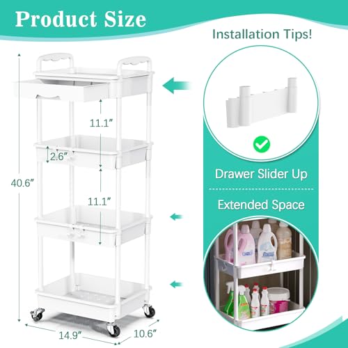 SUNALLY 4 Tier Rolling Cart with Drawer, Craft Storage Cart Organizer,White | Bathroom Storage Organizer with 2 Lockable Wheels, Rolling Utility Cart for Kitchen, Office, Baby, Makeup, Nail,Snack,Laundry - color: White, size: 4 Tier