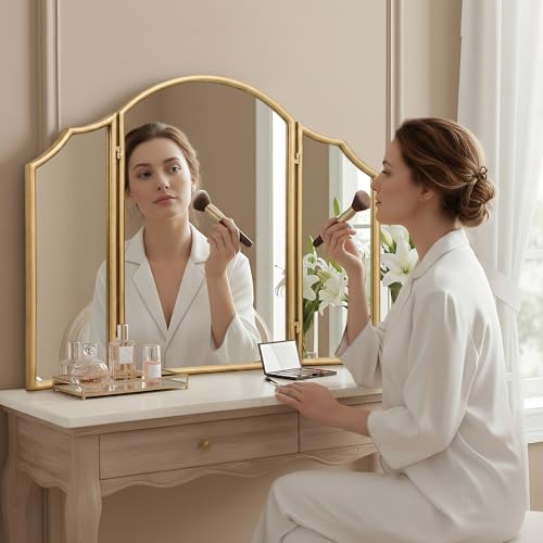 Besdomus Gold Scalloped Vanity Mirror: 36"x24" Three Sided Dresser Miror | Modern Minimalist Wood Frame Arched 3 Way Trifold Mirror for Bedroom/Cloakroom/Dressing Room/Wall - Home Decor for Housewife - color: Gold Leaf, size: 24"L x 36"W