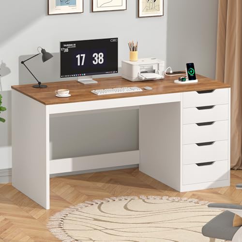 47 Inch Small Computer Desk with 5 Drawers and Outlets for Home Office | Home Office Desks with Storage File Cabinet and Charging Station, Modern Simple Laptop Desk Writing Table, Brown and White - color: Brown and White