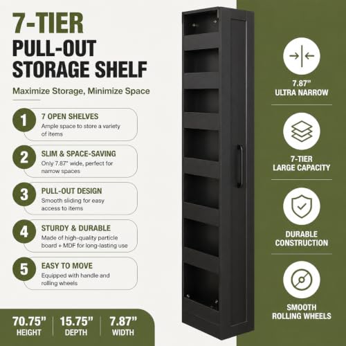 Tall Narrow Storage Cabinet, 71 Inch Tall, 8 Inch Wide, Black | 7-Shelf Slim Pull-Out Organizer with Wheels for Small Spaces, Kitchen, Bathroom, Laundry Room and Narrow Gaps - color: D-black