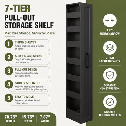 Tall Narrow Storage Cabinet, 71 Inch Tall, 8 Inch Wide, Black | 7-Shelf Slim Pull-Out Organizer with Wheels for Small Spaces, Kitchen, Bathroom, Laundry Room and Narrow Gaps - color: D-black