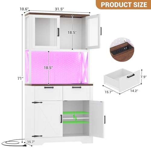 Unikito 71" Kitchen Pantry Cabinet with LED Light & Outlet, Microwave Stand | White & Rustic, , DIY Pegboard, Storage Drawers, Adjustable Shelves, Farmhouse Freestanding Kitchen Buffet for Dining Room - color: White+rusitc, size: 32 Inch