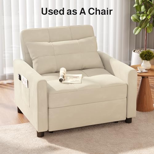 Convertible Sofa Bed, 3 in 1 Sleeper Chair for Small Space, Beige | Multi-Functional Sleeper Chair Bed, Adjustable Backrest Recliner with Modern Linen Fabric for Living Room/Bedroom/Apartment - color: Beige