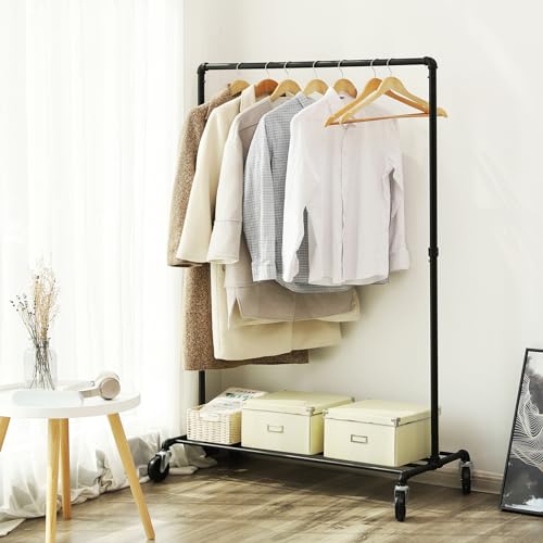 SONGMICS Heavy-Duty Clothes Rack, Clothing Rack for Hanging Clothes, Industrial Garment Rack on Wheels, Metal Frame, 2 Casters with Brakes, Commercial Display, Black UHSR61BK | Industrial Garment Rack for Hanging Clothes, 2 Casters with Brakes, Commercial