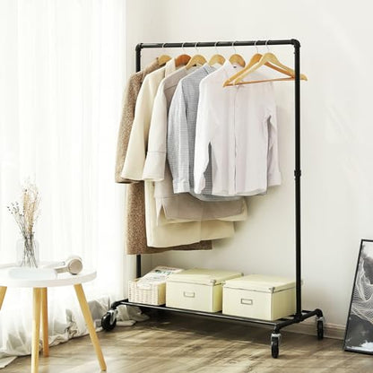 SONGMICS Heavy-Duty Clothes Rack, Clothing Rack for Hanging Clothes, Industrial Garment Rack on Wheels, Metal Frame, 2 Casters with Brakes, Commercial Display, Black UHSR61BK | Industrial Garment Rack for Hanging Clothes, 2 Casters with Brakes, Commercial