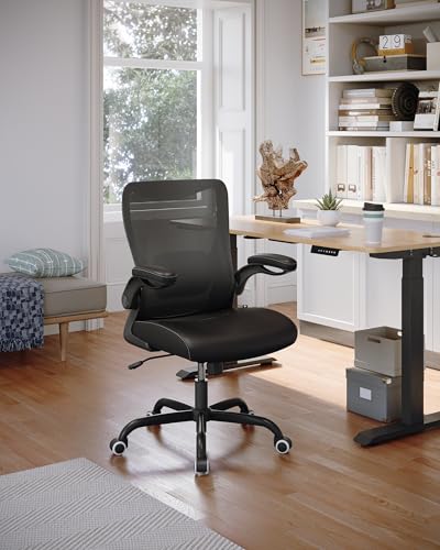 Office Chair, PU Leather Ergonomic Desk Chair with Adjustable Lumbar Support and Flip up Armrest, Breathable Mesh Computer Chair for Home Office, Black - color: Nori Black (Pu Leather Seat)