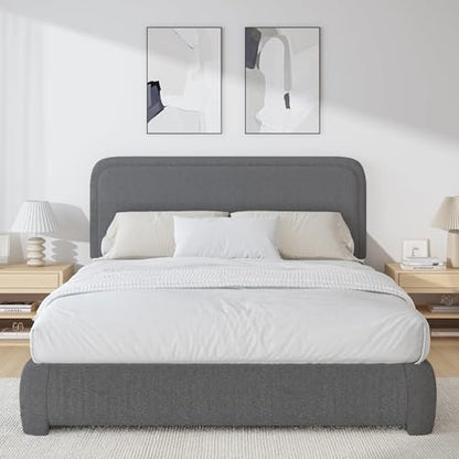 BarnFurin Full Bed Frame, Cloud Boucle Headboard, Low Profile, Dark Grey | Soft boucle and rounded edges create a low-profile cloud look. Wooden slats support the mattress without a box spring - color: Dark Grey, size: Full