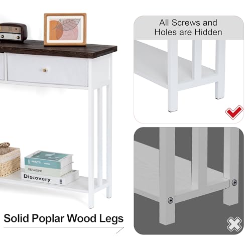 42" Solid Wood Console Table with 2 Fabric Drawers, Entryway Table with Storage Shelves, Sofa Table for Entryway, Hallway, Living Room, Kitchen or Behind Couch in Foyer, White - color: White