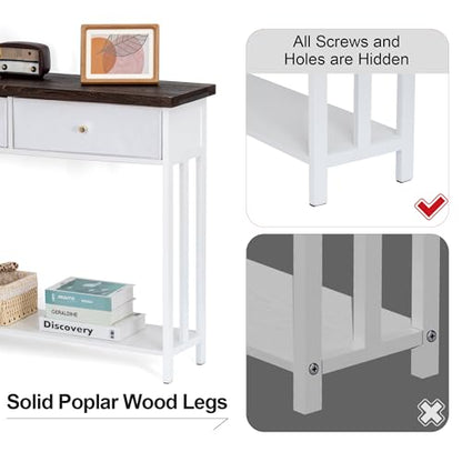 42" Solid Wood Console Table with 2 Fabric Drawers, Entryway Table with Storage Shelves, Sofa Table for Entryway, Hallway, Living Room, Kitchen or Behind Couch in Foyer, White - color: White