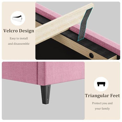 GAOMON Pink Twin Bed Frame with Upholstered Headboard, Heavy-Duty Platform Bed Frame with Strong Wood Slats, No Box Spring Needed/Noise Free/Easy Assembly | Heavy-Duty Bed Frame with Wooden Slats Support Upholstered Mattress Foundation No Box Spring Neede